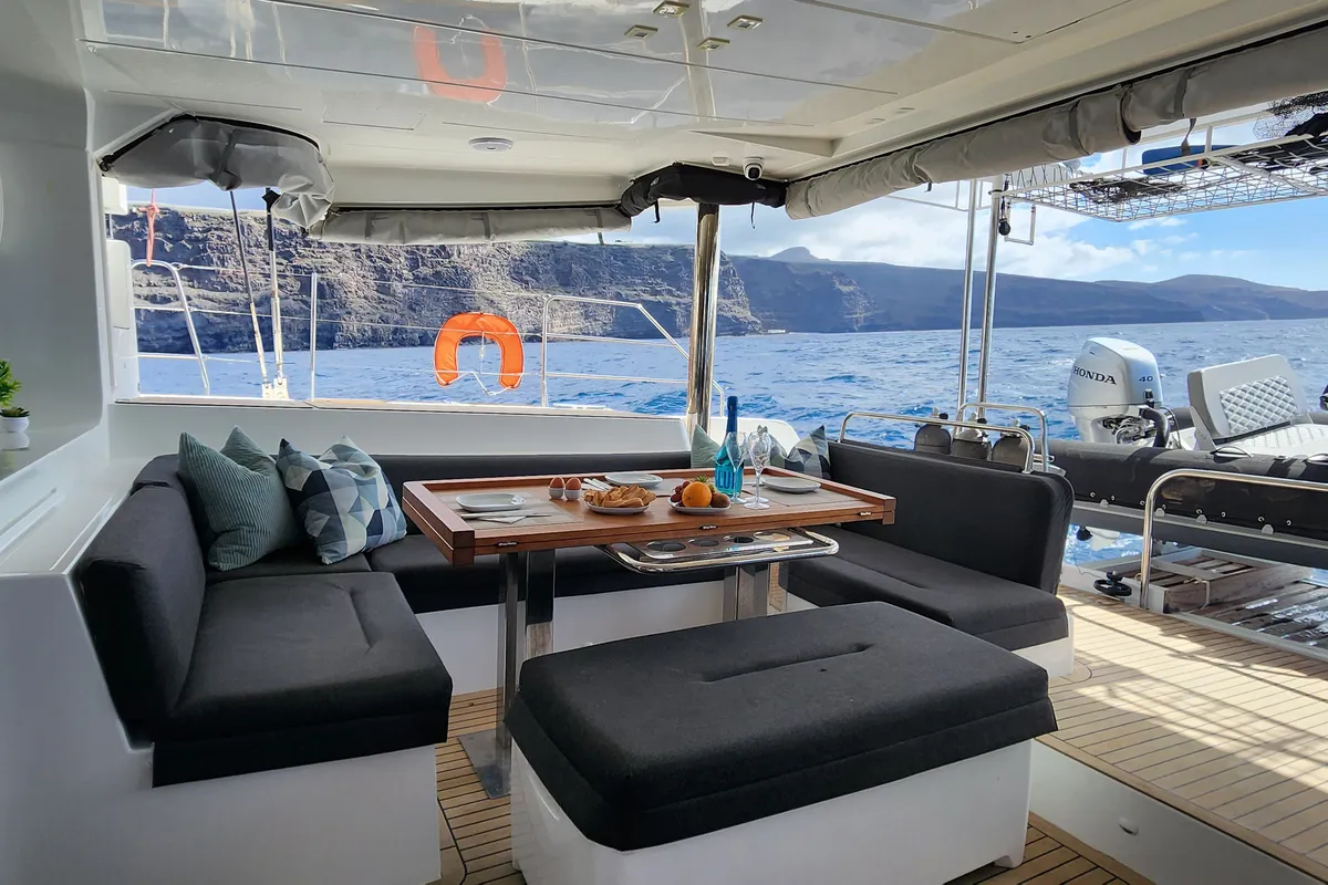 Deck of Tamiro, a Lagoon 52F catamaran at Municipal Unit of Lefkada, Greece