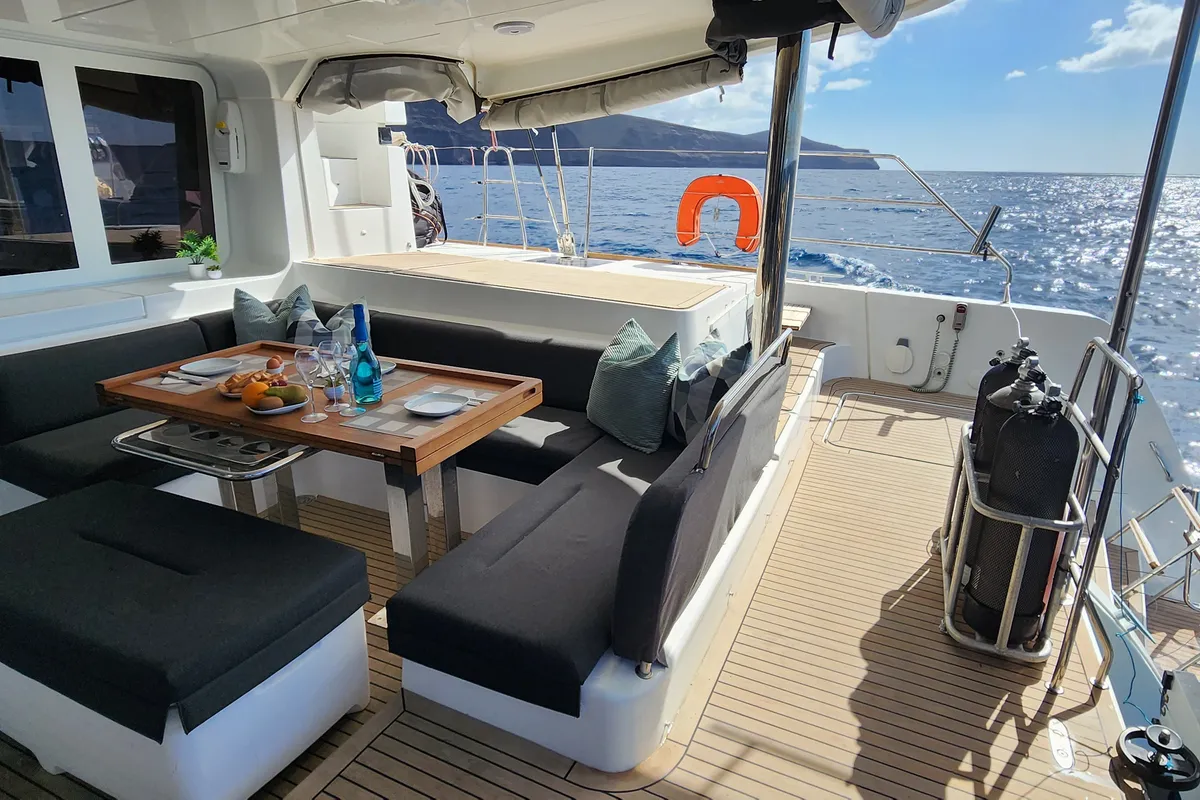 Deck of Tamiro, a Lagoon 52F catamaran at Municipal Unit of Lefkada, Greece