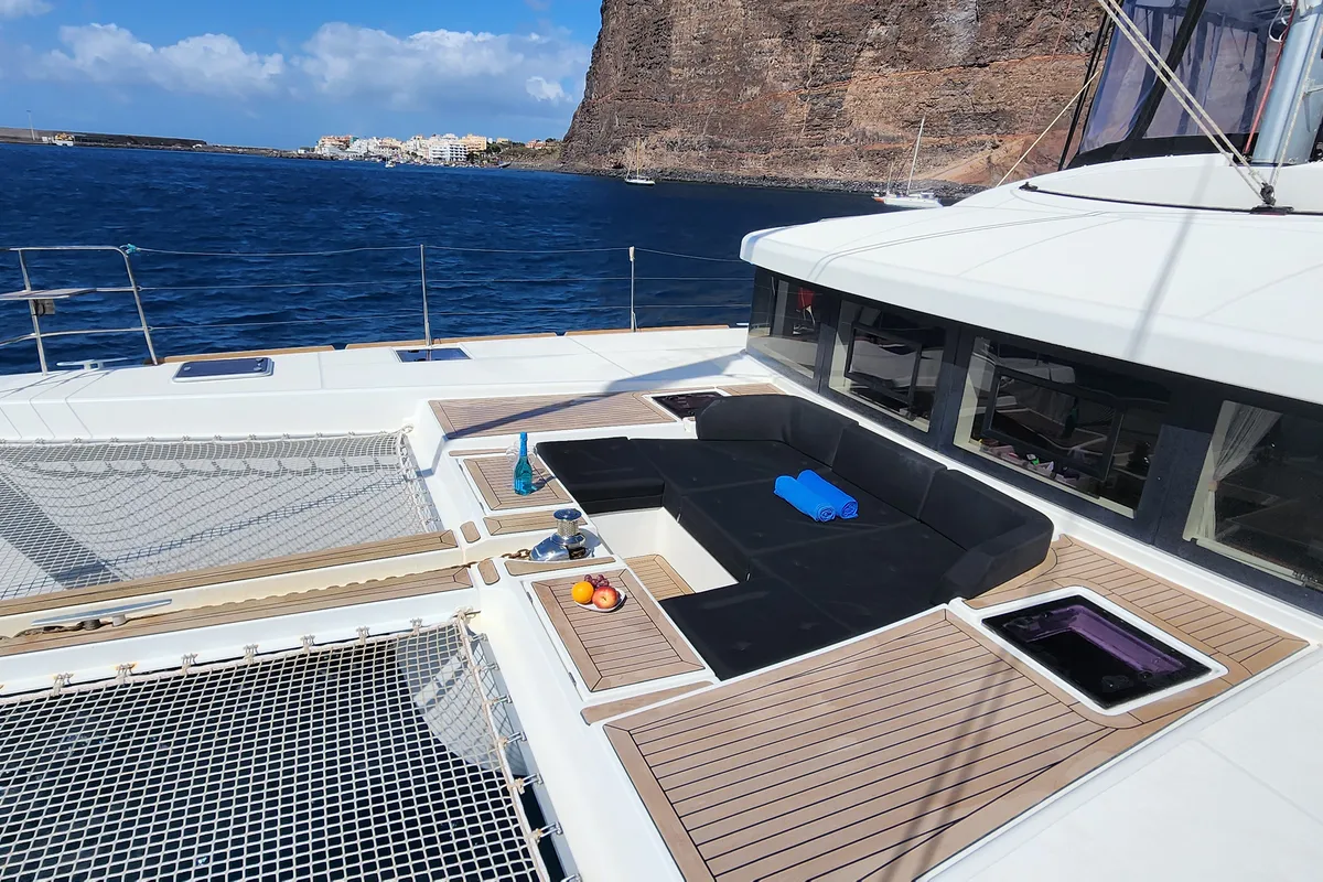 Deck of Tamiro, a Lagoon 52F catamaran at Municipal Unit of Lefkada, Greece