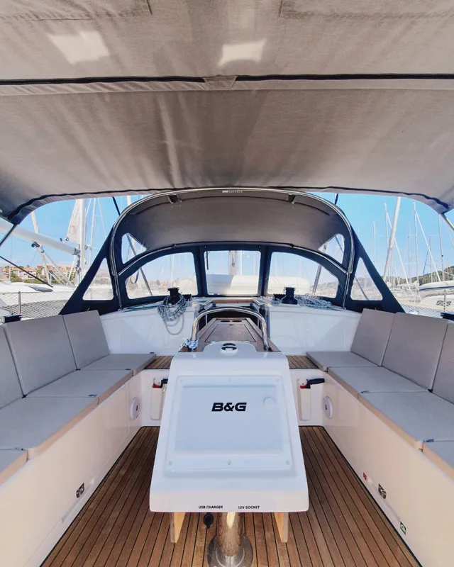 Cockpit of Lucia, a Bavaria C42 sailboat at Grad Pula, Croatia
