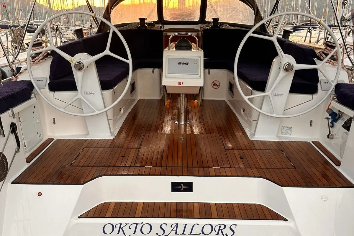Deck of Okto Sailors, a Bavaria Cruiser 46 sailboat at Fethiye, Turkey