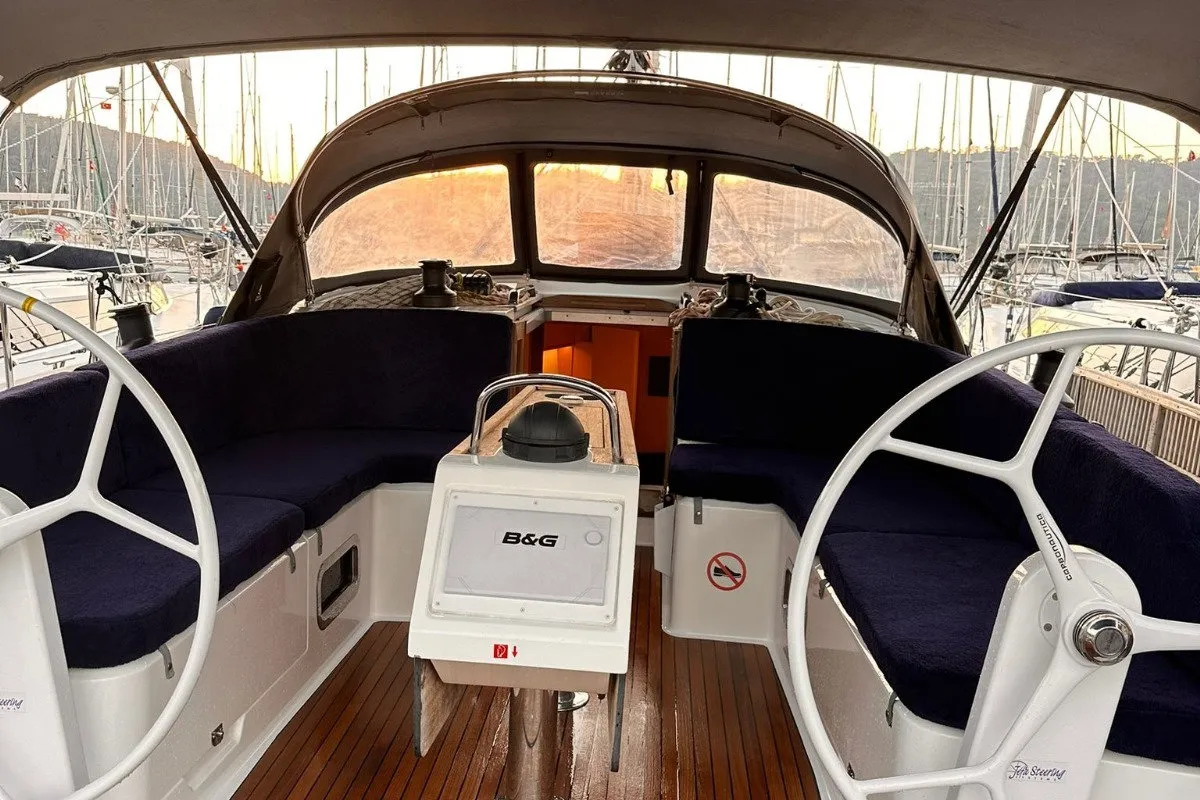 Cockpit of Okto Sailors, a Bavaria Cruiser 46 sailboat at Fethiye, Turkey
