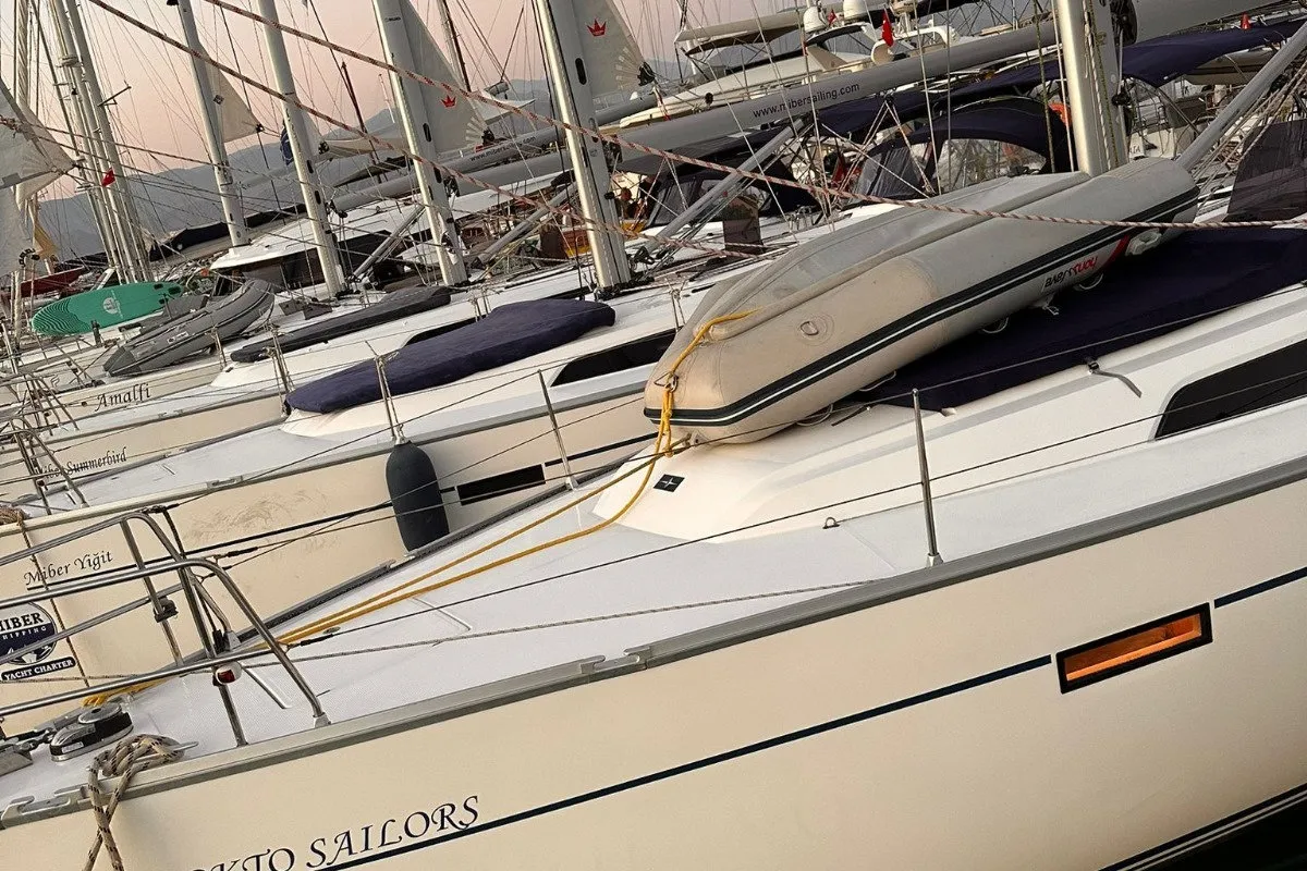Exterior view of Okto Sailors, a Bavaria Cruiser 46 sailboat at Fethiye, Turkey