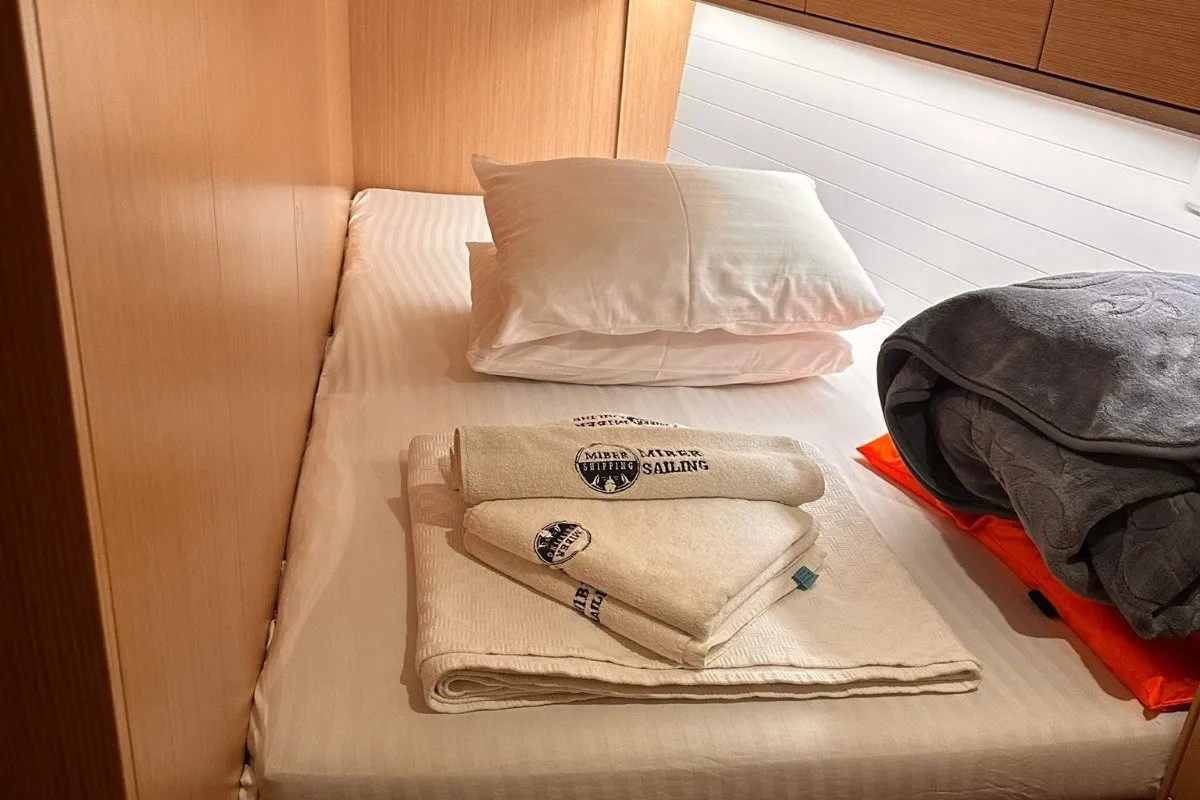 Cabin on Okto Sailors, a Bavaria Cruiser 46 sailboat at Fethiye, Turkey