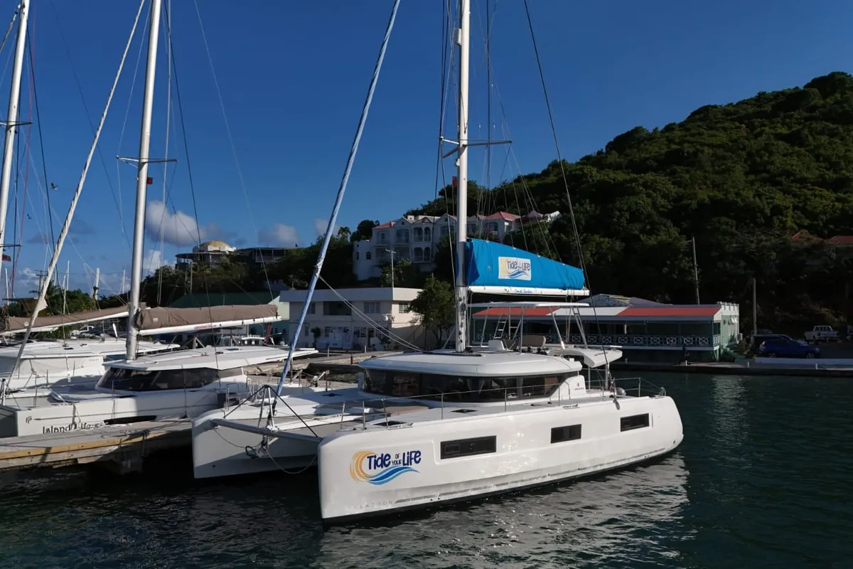 Exterior view of Tide of your life, a Lagoon 46 catamaran at Road Town, British Virgin Islands