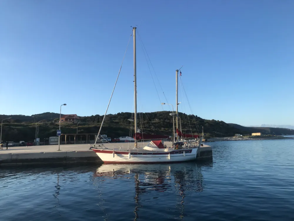 Exterior view of Asterias, a Wauquiez Amphitrite sailboat at Benitses, Greece