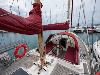 Cockpit of Asterias, a Wauquiez Amphitrite sailboat at Benitses, Greece