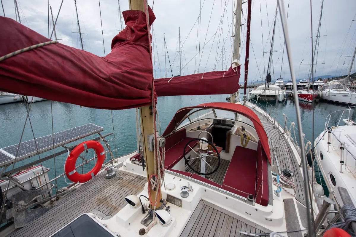 Cockpit of Asterias, a Wauquiez Amphitrite sailboat at Benitses, Greece