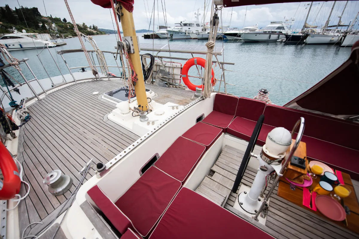 Deck of Asterias, a Wauquiez Amphitrite sailboat at Benitses, Greece