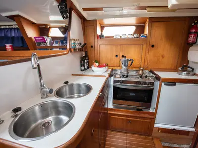 Galley of Asterias, a Wauquiez Amphitrite sailboat at Benitses, Greece