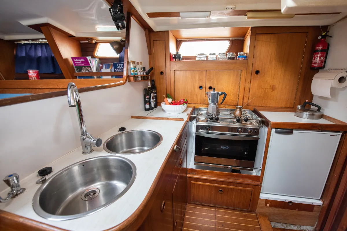 Galley of Asterias, a Wauquiez Amphitrite sailboat at Benitses, Greece