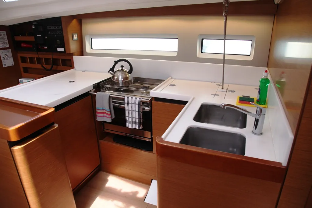 Galley of Tommy, a Jeanneau Sun Odyssey 440 sailboat at Benitses, Greece