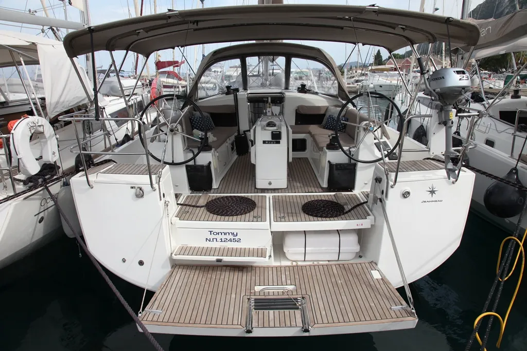 Cockpit of Tommy, a Jeanneau Sun Odyssey 440 sailboat at Benitses, Greece
