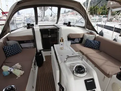 Deck of Tommy, a Jeanneau Sun Odyssey 440 sailboat at Benitses, Greece