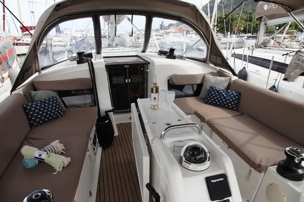Deck of Tommy, a Jeanneau Sun Odyssey 440 sailboat at Benitses, Greece