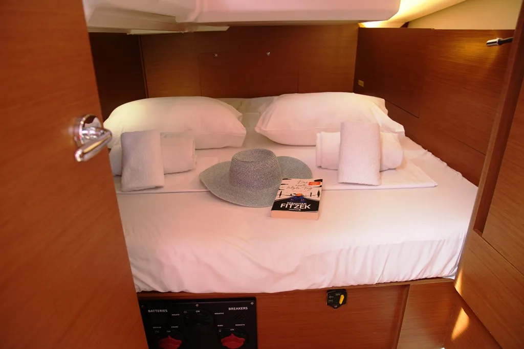 Cabin on Tommy, a Jeanneau Sun Odyssey 440 sailboat at Benitses, Greece