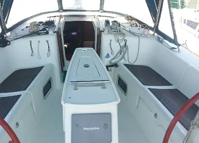 Cockpit of Tiamo, a Beneteau Oceanis 43 sailboat at Municipal Unit of Lefkada, Greece