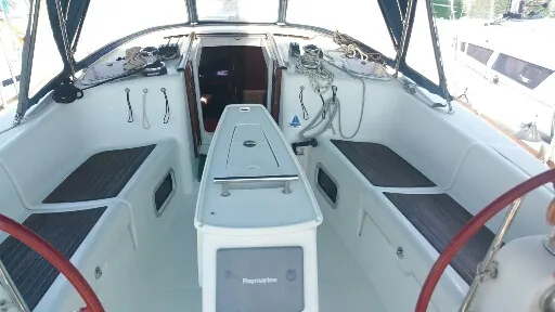 Cockpit of Tiamo, a Beneteau Oceanis 43 sailboat at Municipal Unit of Lefkada, Greece