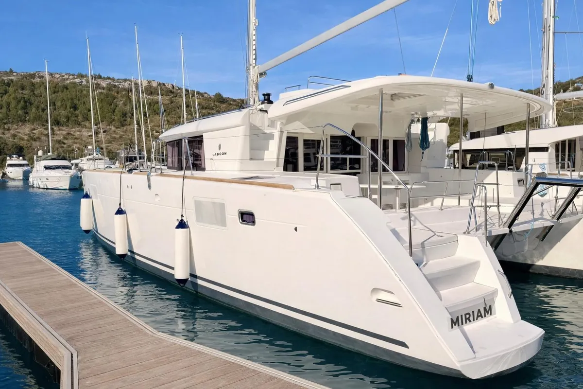 Exterior view of Miriam, a Lagoon 450 F catamaran at Primošten, Croatia