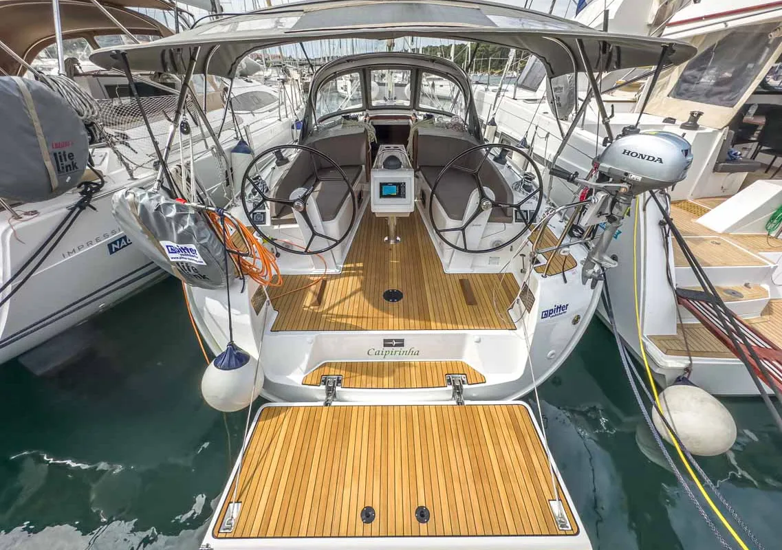 Exterior view of Caipirinha, a Bavaria Cruiser 37 sailboat at Grad Pula, Croatia
