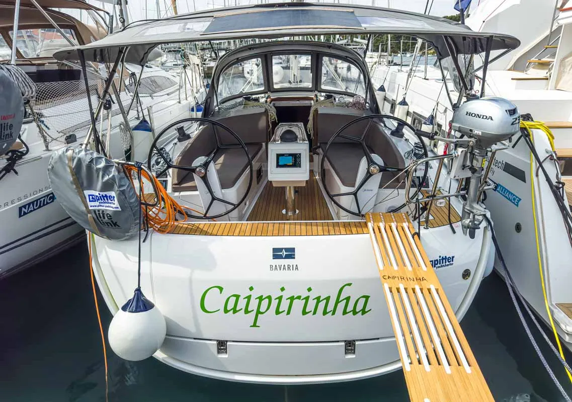 Exterior view of Caipirinha, a Bavaria Cruiser 37 sailboat at Grad Pula, Croatia