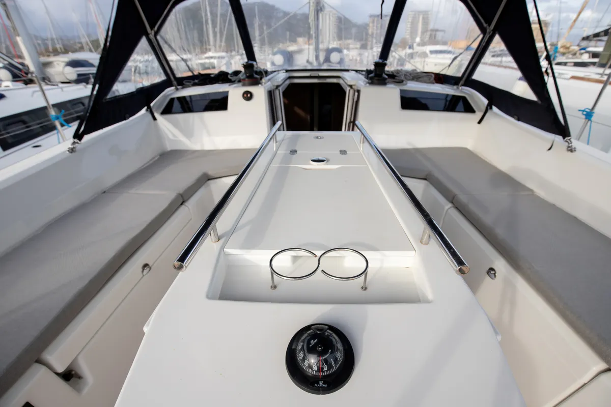 Cockpit of Gea, a Beneteau Oceanis 40.1 sailboat at Salerno, Italy