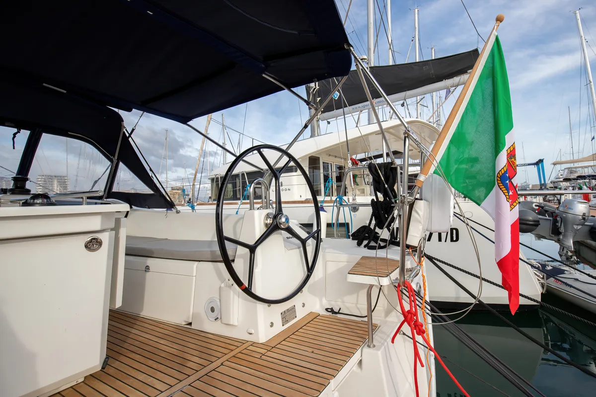 Cockpit of Gea, a Beneteau Oceanis 40.1 sailboat at Salerno, Italy