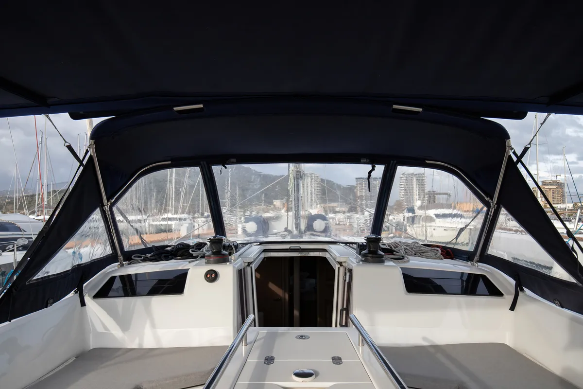 Cockpit of Gea, a Beneteau Oceanis 40.1 sailboat at Salerno, Italy