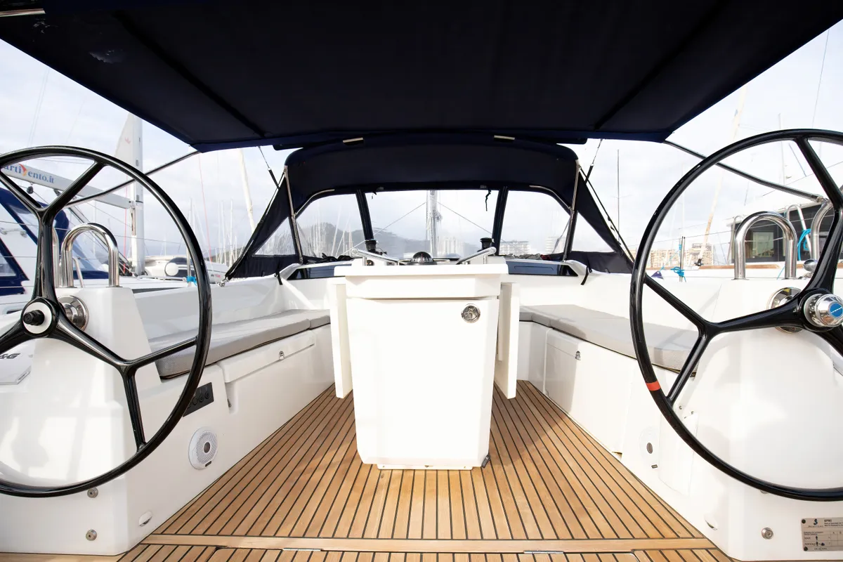 Cockpit of Gea, a Beneteau Oceanis 40.1 sailboat at Salerno, Italy