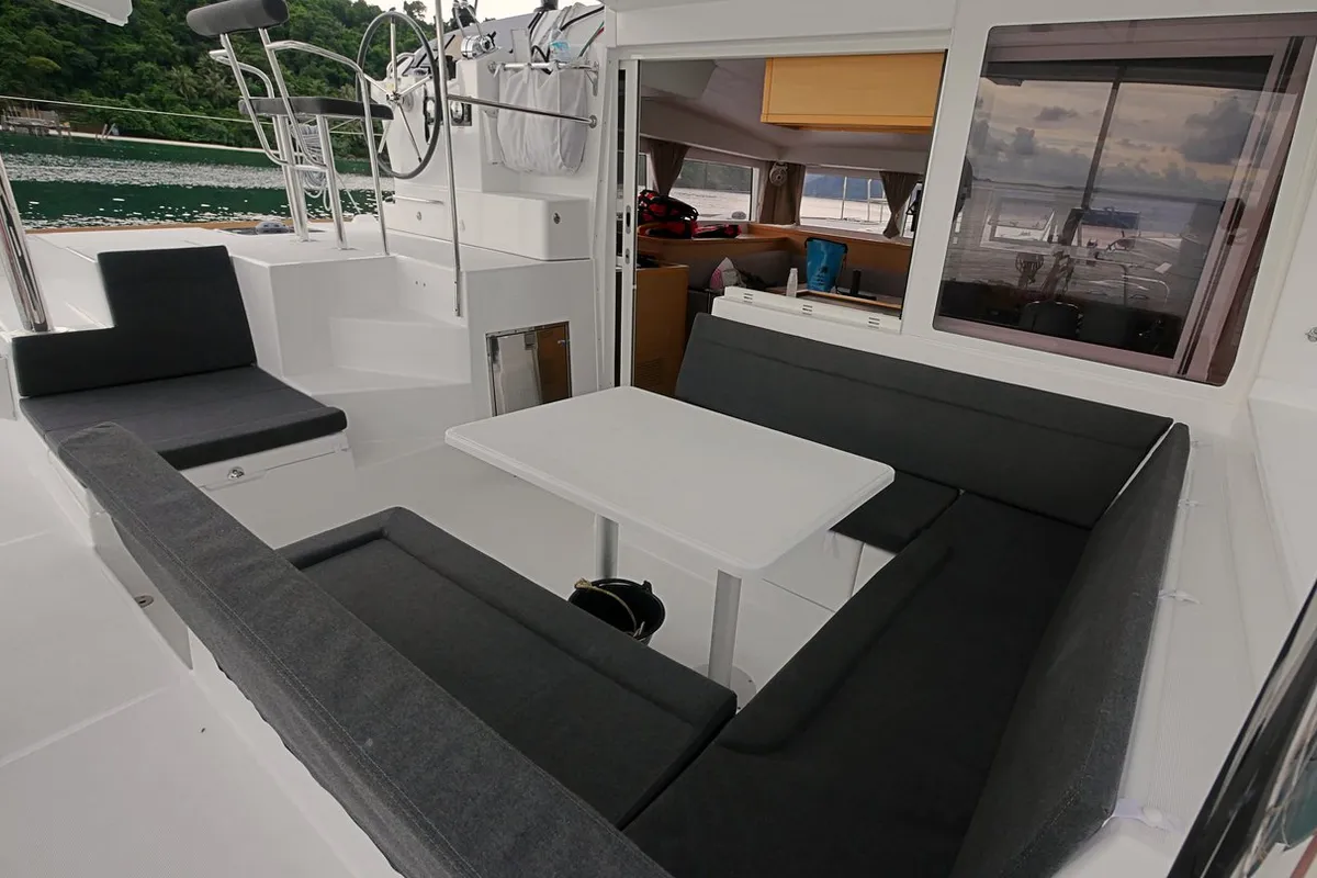 Deck of Anastasia, a Lagoon 400 S2 catamaran at Mai Khao, Thailand