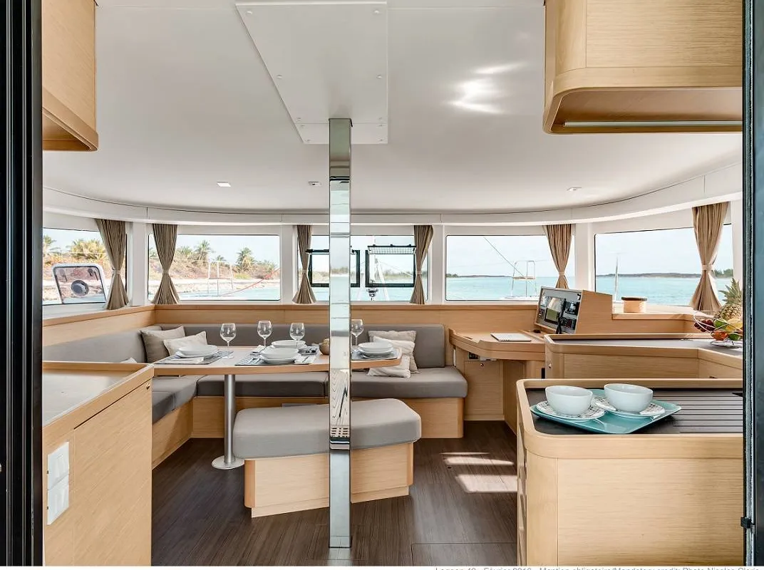 Salon of Ziromon, a Lagoon 42 catamaran at Roche Caiman, Seychelles