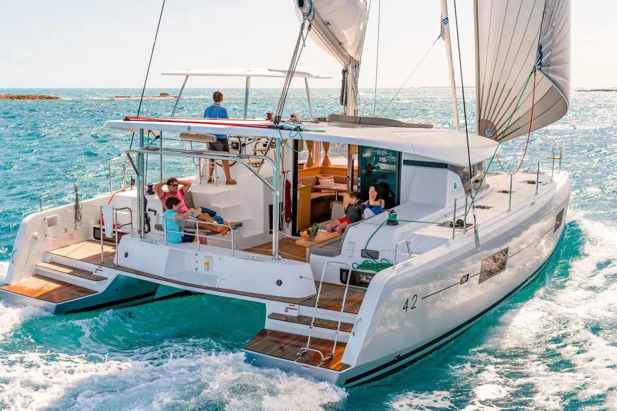 Exterior view of Ziromon, a Lagoon 42 catamaran at Roche Caiman, Seychelles