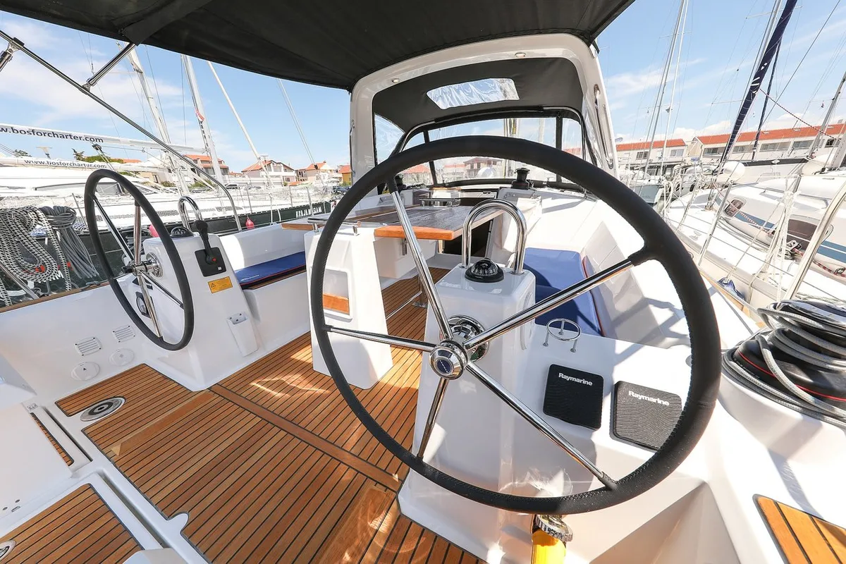 Cockpit of Aris, a Beneteau Oceanis 35.1 sailboat at Grad Biograd na Moru, Croatia