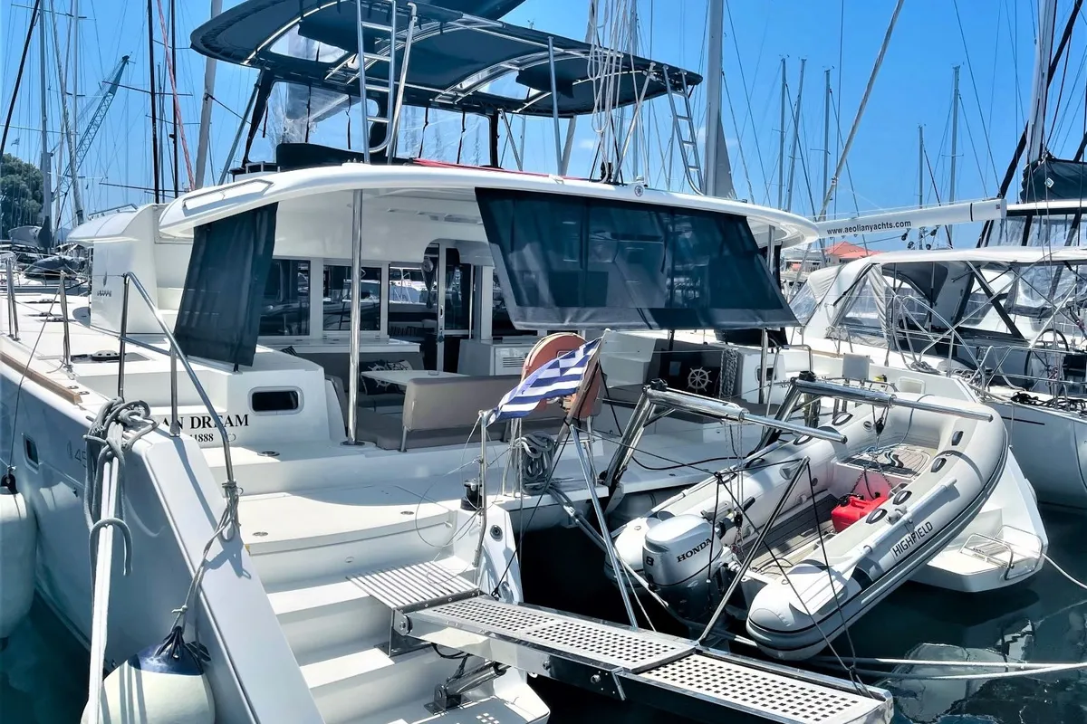 Exterior view of Aeolian Dream, a Lagoon 450 F catamaran at Preveza, Greece