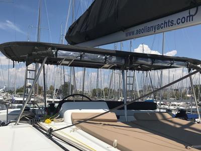 Cockpit of Aeolian Dream, a Lagoon 450 F catamaran at Preveza, Greece