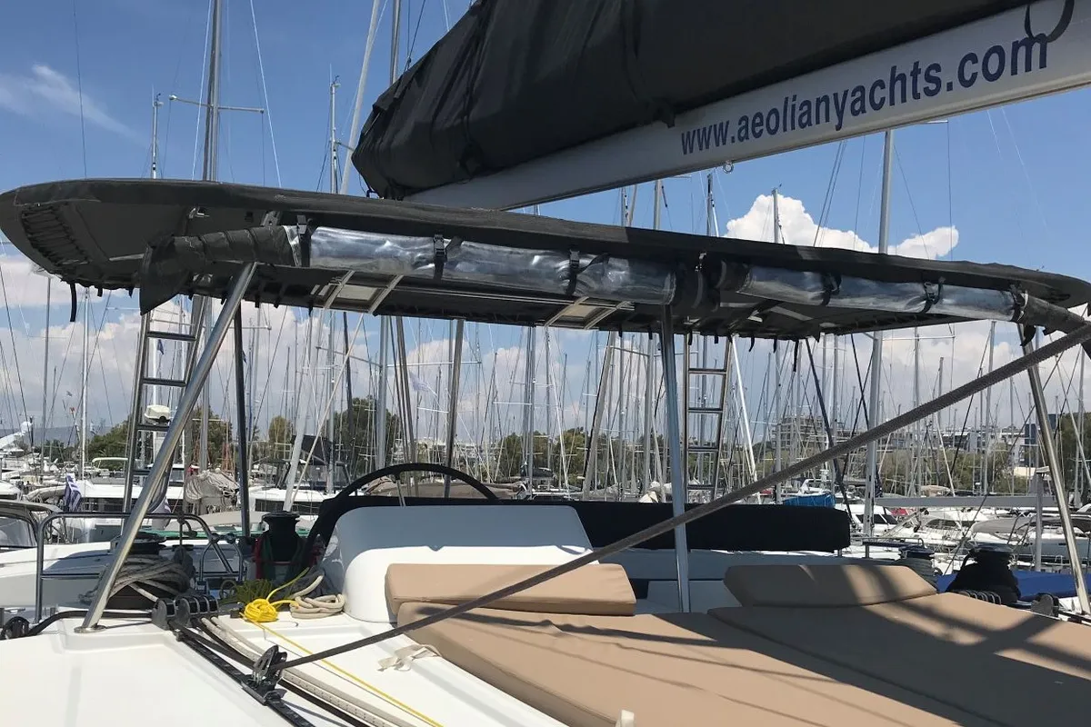Cockpit of Aeolian Dream, a Lagoon 450 F catamaran at Preveza, Greece