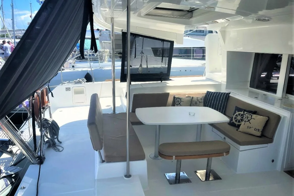 Deck of Aeolian Dream, a Lagoon 450 F catamaran at Preveza, Greece