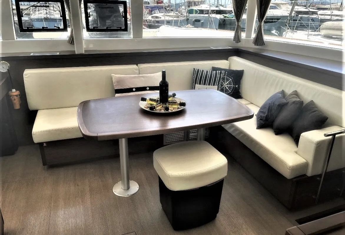 Salon of Aeolian Dream, a Lagoon 450 F catamaran at Preveza, Greece