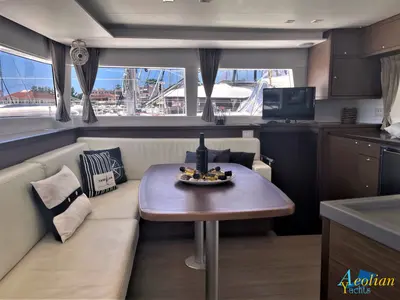 Salon of Aeolian Dream, a Lagoon 450 F catamaran at Preveza, Greece