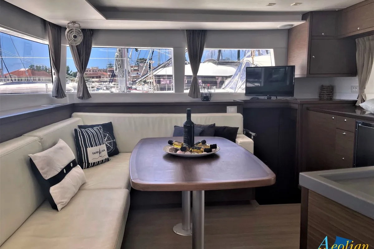 Salon of Aeolian Dream, a Lagoon 450 F catamaran at Preveza, Greece
