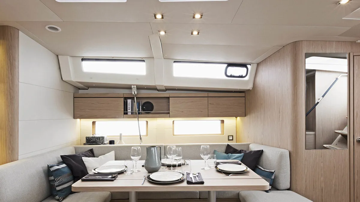 Salon of Sunsail 46 Mon Classic, a Beneteau Oceanis 46 sailboat at Kontokali, Greece