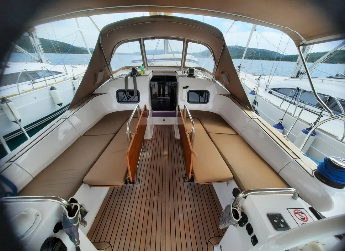 Cockpit of Anastasia, a Elan Impression 45.1 sailboat at Pirovac, Croatia