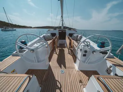 Cockpit of Anastasia, a Elan Impression 45.1 sailboat at Pirovac, Croatia