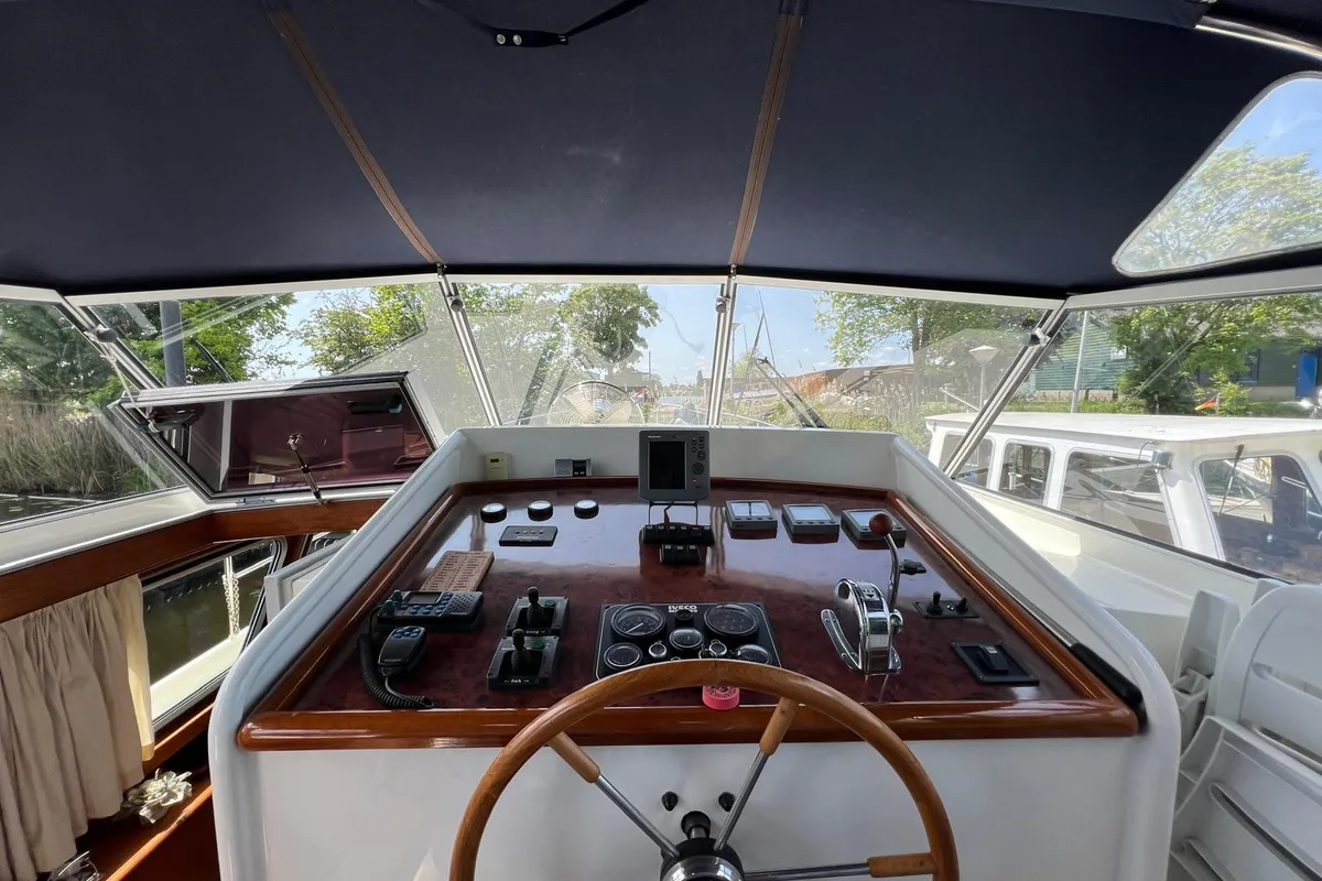 Cockpit of Impression, a De Drait Impression 42 motorboat at Akkrum, Netherlands