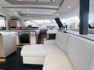Salon of Hoylah, a Fountaine Pajot Aura 51 catamaran at Road Town, British Virgin Islands