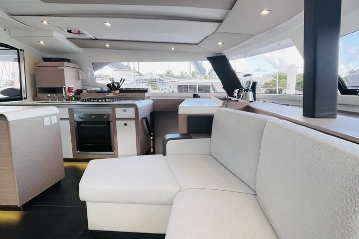 Salon of Hoylah, a Fountaine Pajot Aura 51 catamaran at Road Town, British Virgin Islands