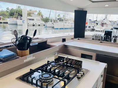 Galley of Hoylah, a Fountaine Pajot Aura 51 catamaran at Road Town, British Virgin Islands