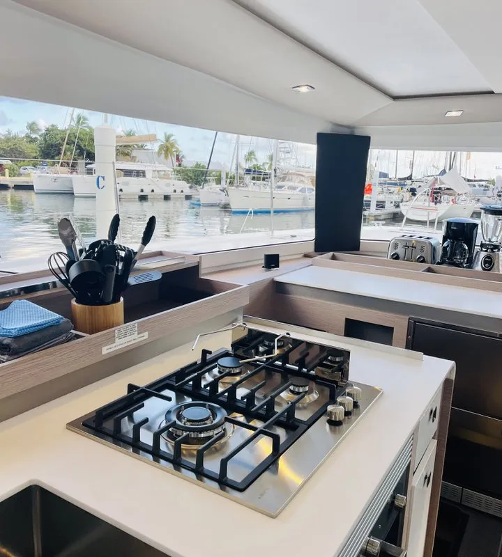 Galley of Hoylah, a Fountaine Pajot Aura 51 catamaran at Road Town, British Virgin Islands