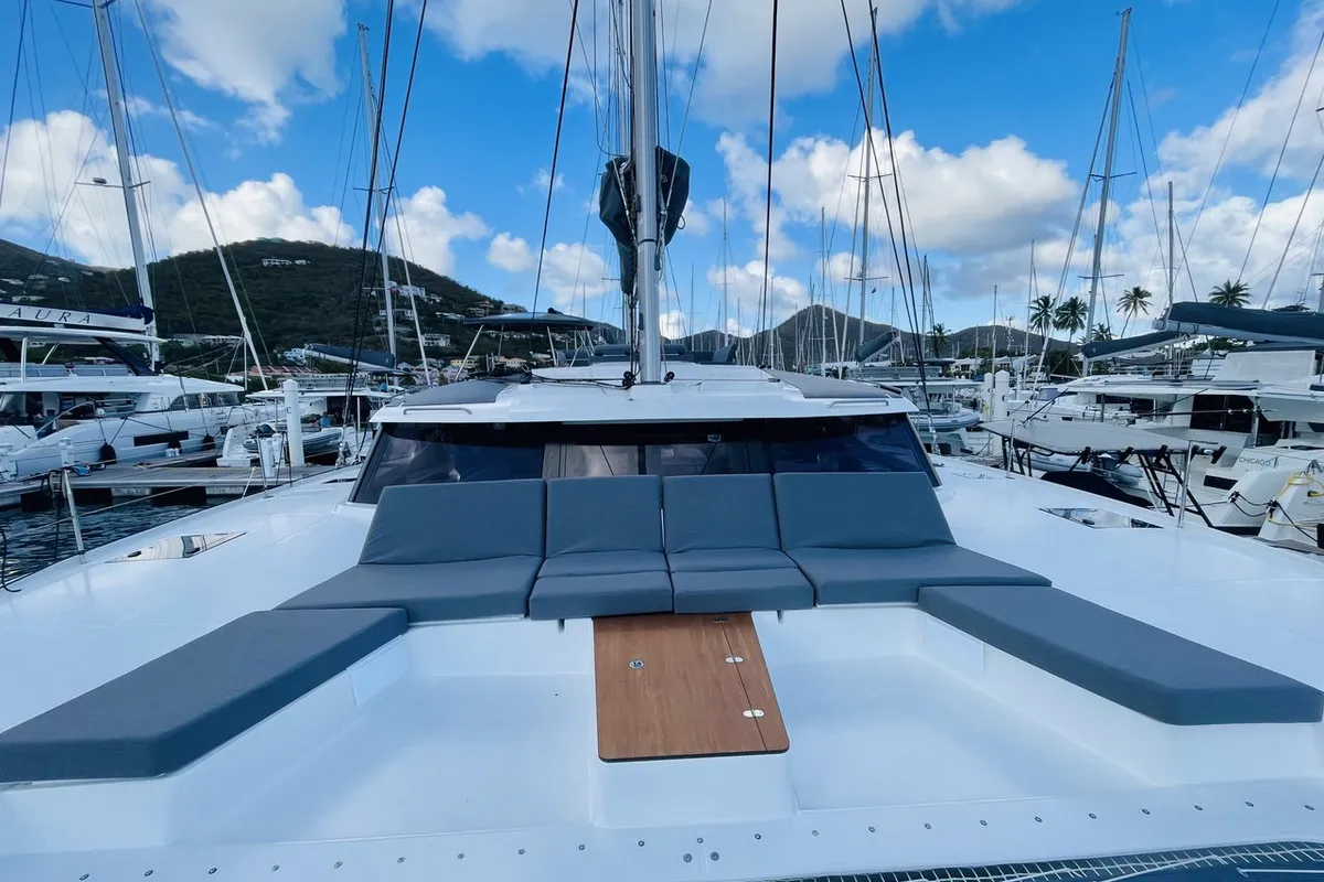 Deck of Hoylah, a Fountaine Pajot Aura 51 catamaran at Road Town, British Virgin Islands