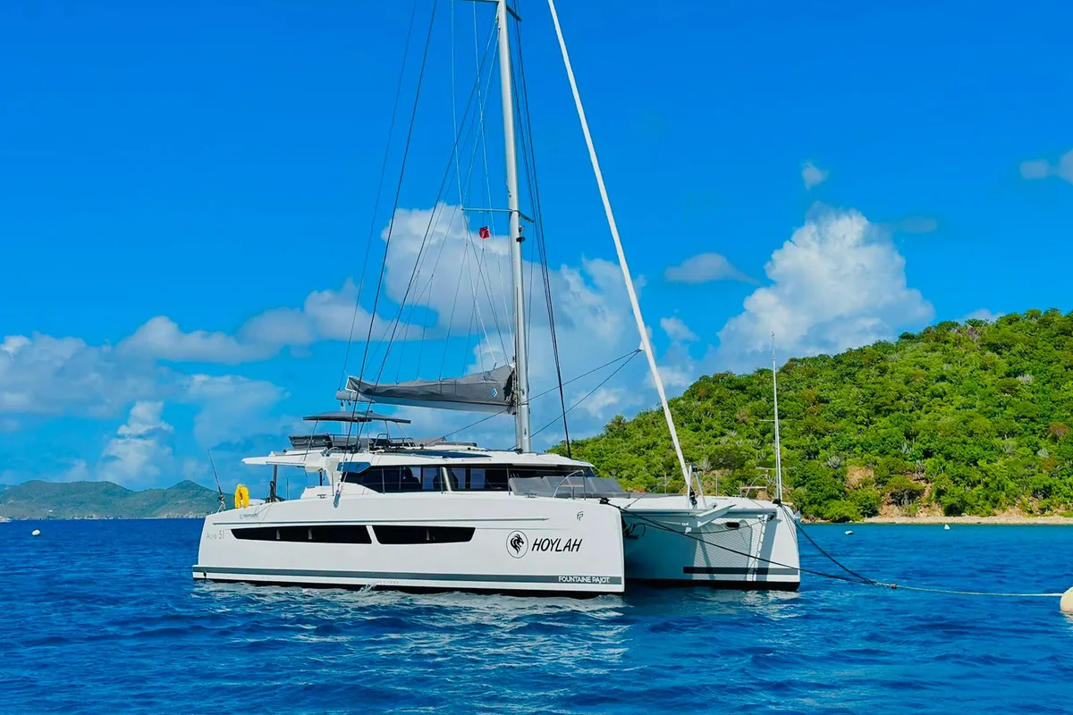 Exterior view of Hoylah, a Fountaine Pajot Aura 51 catamaran at Road Town, British Virgin Islands
